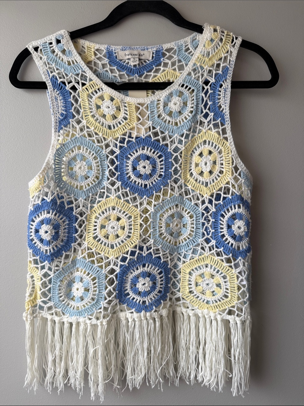 Francesca's Collections Crochet Fringe Tank in Blue Yellow & Cream small